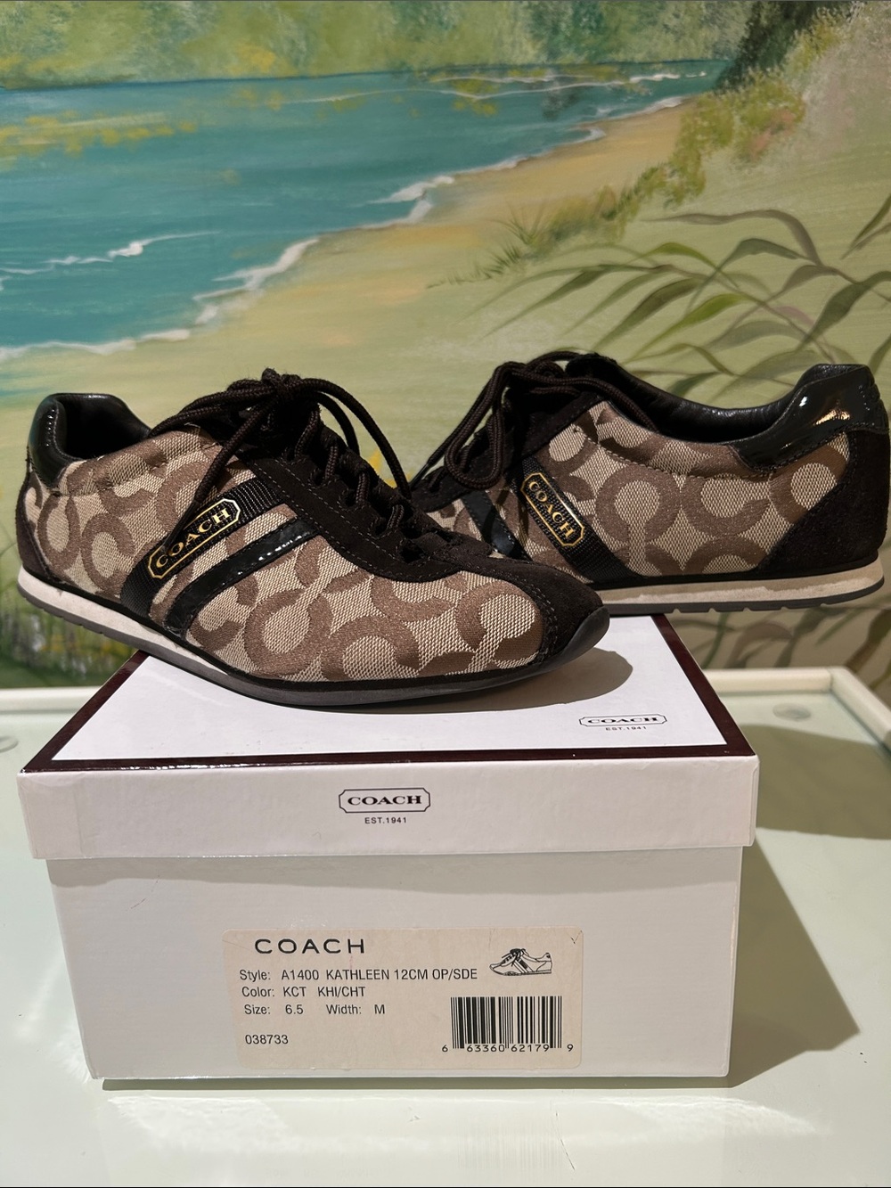 Y2K Coach Kathleen Khaki & Chestnut Low Top Runner Signature Canvas Sneakers